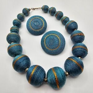 Large Blue Beaded Necklace and Clip On Earrings Statement‎ Womens Jewelry